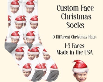 Custom Face Christmas Socks Personalized Photo Holiday Socks Funny Xmas Gift with Santa Hat Elf Hat Reindeer Hat Unique Christmas Gift