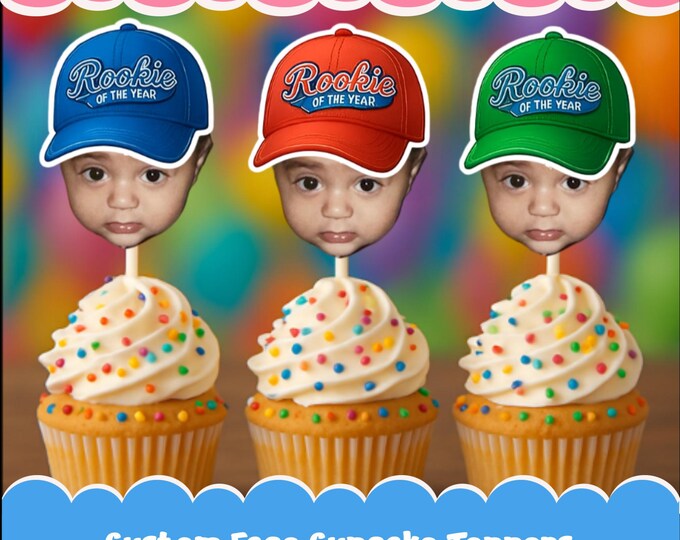 Baseball Cupcake Toppers | Baseball Photo Head | Party Supplies | Rookie of the Year | Party Decor | Birthday Toppers | First Birthday