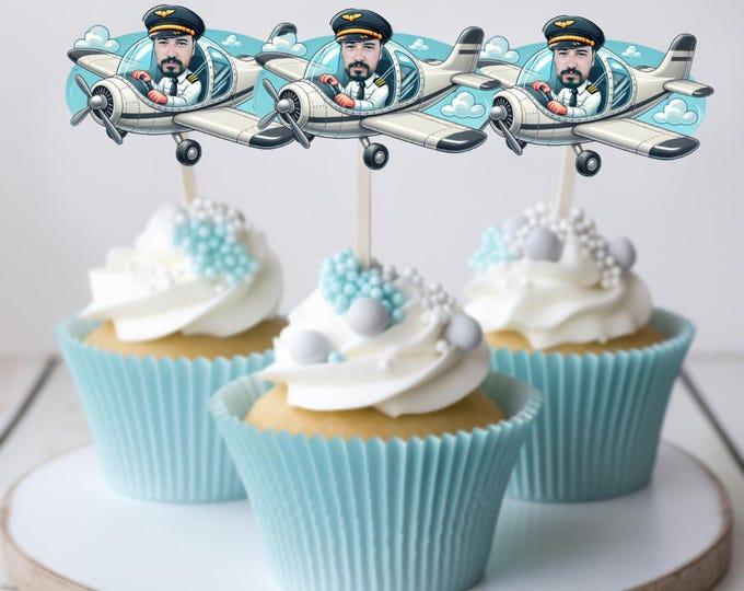 Custom Pilot Caricature Cupcake Topper – Personalized Aviation Party Decor, Unique Pilot Birthday Cake Topper, Airplane Pilot Gift