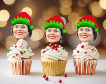 Custom Face Elf Hat Cupcake toppers, Christmas Cupcake Toppers, Elf Hat, Personalized Cupcake toppers, Elf Hat Cupcake Toppers