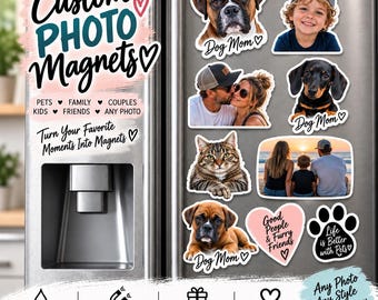 May include: A collection of custom photo magnets displayed on a stainless steel refrigerator. The magnets feature various images including portraits of dogs, a cat, a child, a couple, and a family, alongside heart and paw-shaped text magnets.