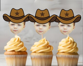 Cowboy Cupcake Toppers with FacePhoto Cowboy HatBirthday DecorationsRetirement PartyPersonalizedBridal Shower, My First Rodeo