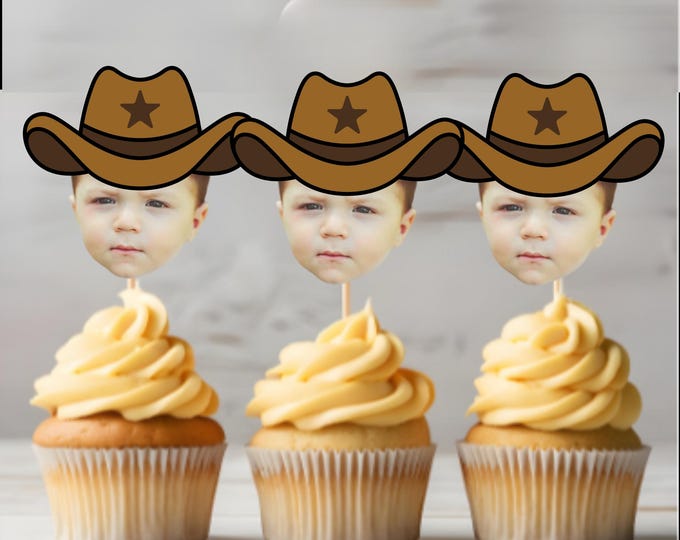 Cowboy Custom Face Treat Toppers - Boy First Rodeo Face Cupcake Toppers, Western Boy Birthday Cupcake Picks, Boy Cowboy Face