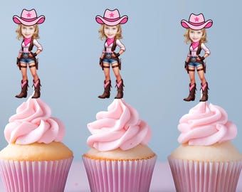 Custom Face Cowgirl Cupcake Toppers – Personalized Western Party Decor, Fun Cowgirl Birthday Cake Topper, Cowboy Theme Cupcake Toppers