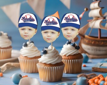 Baseball Cupcake Toppers | Baseball Photo Head | Party Supplies | Rookie of the Year | Party Decor | Birthday Toppers | First Birthday