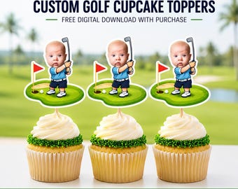 Custom Hole in One 1st Birthday Golf Cupcake Toppers - Personalized Baby Face Cake Picks - First Birthday Golf Party Decorations Decor
