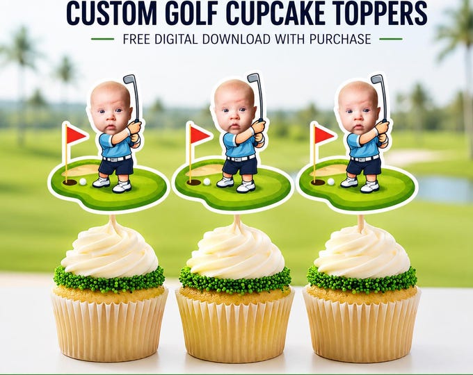 Custom Hole in One 1st Birthday Golf Cupcake Toppers - Personalized Baby Face Cake Picks - First Birthday Golf Party Decorations Decor