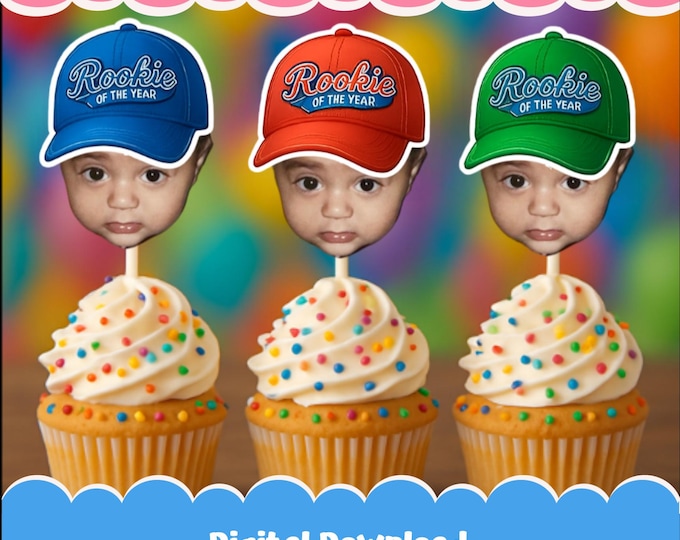 Baseball Cupcake Toppers | Baseball Photo Head | Party Supplies | Rookie of the Year | Party Decor | Birthday Toppers | First Birthday