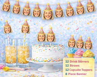Custom Face Birthday Party Pack Decorations Big Head Banner Cupcake Toppers Drink Stirrers Straws Face Confetti 30th 40th 50th Birthday