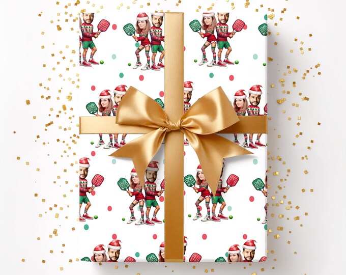 Custom Face Pickleball Christmas Wrapping Paper - Personalized Xmas Gift Wrap, Pickleball Gift Wrap, Pickleball Wrapping Paper