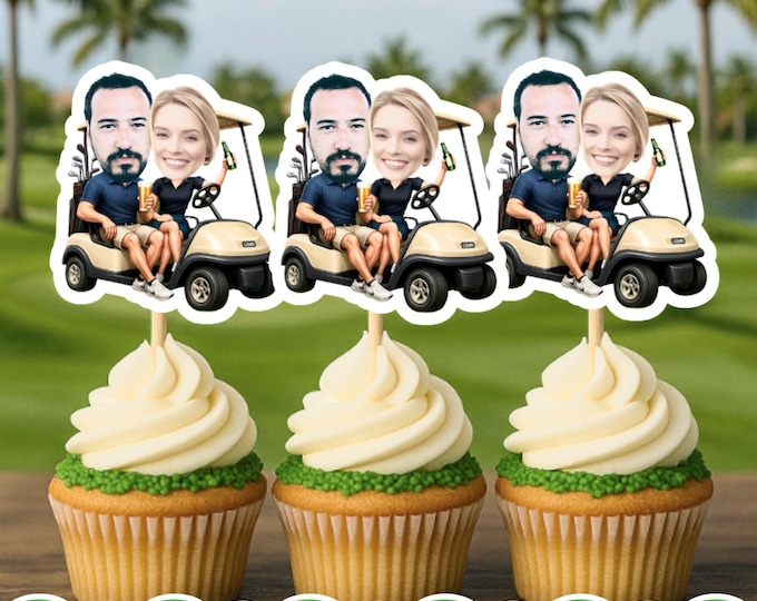 Custom Face Golf Cupcake Toppers – Personalized Golf Party DecorFunny Golfer Cake TopperCouples GolfGolf PartyRetirement Party