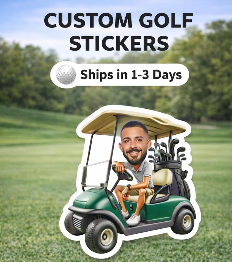 Adesivi da golf personalizzati, adesivo fotografico da golf, adesivo personalizzato con volto da golfista, regalo per gli amanti del golf, decalcomania per carrello da golf, bomboniera per feste di tornei di golf immagine 2