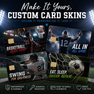 Personalized sports debit card skins with football basketball baseball and soccer themed custom credit card stickers