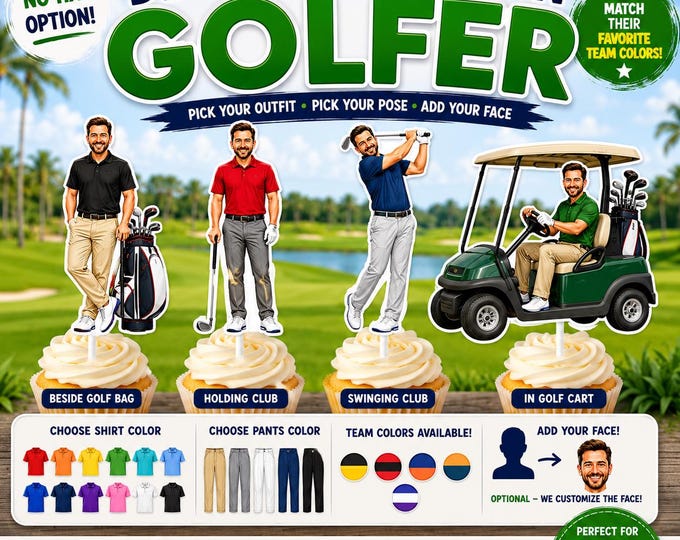 Custom Golf Cupcake Toppers Personalized Golfer Face Toppers Golf Birthday Decorations Golf Party Decor Retirement Party