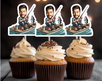 Fisherman Cupcake Topper, Personalized Fisherman Face Cupcake Topper, Printable Custom Photo Trawler Cupcake Topper Fisherman Birthday Decor
