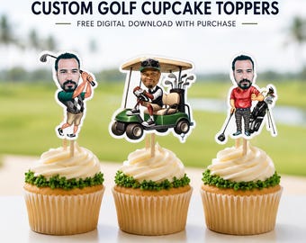 Custom Golf Cupcake Toppers with Face Personalized Golf Party Decorations Funny Golfer Birthday Cake Picks Golf Themed Party