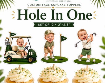 Hole In One Custom Face Cupcake Toppers, Golf First Birthday Decorations, Personalized Golf Party, Golf Cart Birthday, 10 Golf Styles