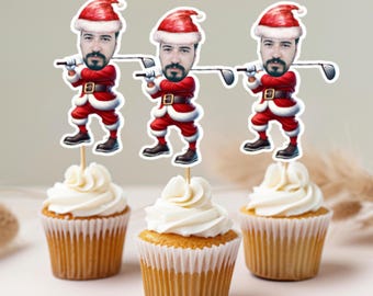 Digital Download Custom Face Golfing Santa Topper–Printable Christmas Party Decor, Personalized Holiday Cupcake Topper, Golf Cupcake Toppers