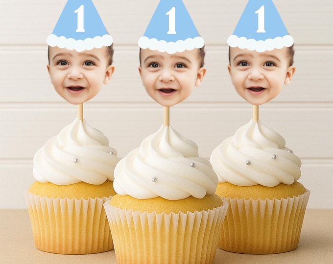 Customized Different Faces Photo Party hat cupcake topper for first milestone birthday photos party hat cupcake decoration face on stick
