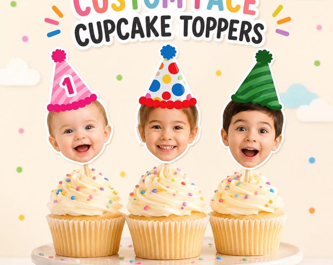 Custom Face Birthday Cupcake Toppers - Personalized 1st Birthday Face Picks, Funny Milestone Birthday Cake Toppers, Custom Photo Party Decor