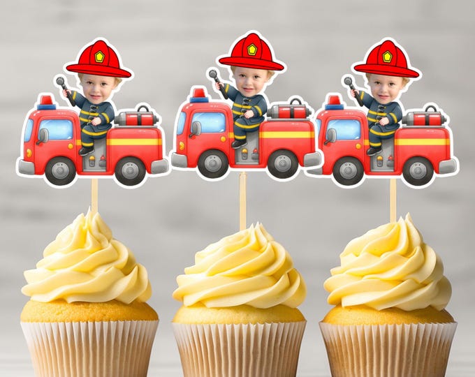 Firefighter Personalized Face Cupcake Toppers, personalized firefighter cupcake toppers, fire truck custom cupcake toppers