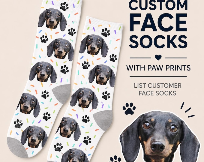 Custom Dog Face Socks with Text - Personalized Dog Mom Gift Dog Dad Socks Pet Photo Socks with Paw Prints Funny Pet Lover Gift Set of 3