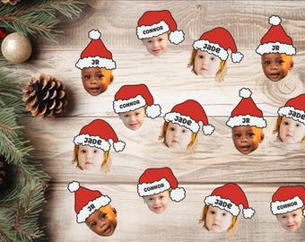 Personalized Santa Hat Face Confetti Stickers, Custom Santa Hat Face Stickers, Christmas Confetti Sticker, Photo Face with Santa Hat Sticker