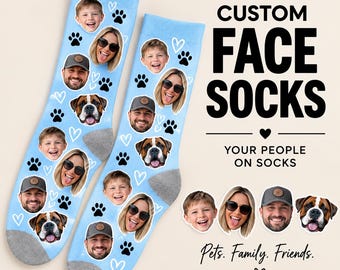May include: Light blue crew socks featuring a repeating pattern of four different faces and black paw prints with white heart outlines. The text CUSTOM FACE SOCKS YOUR PEOPLE ON SOCKS Pets. Family. Friends. is printed next to the socks.
