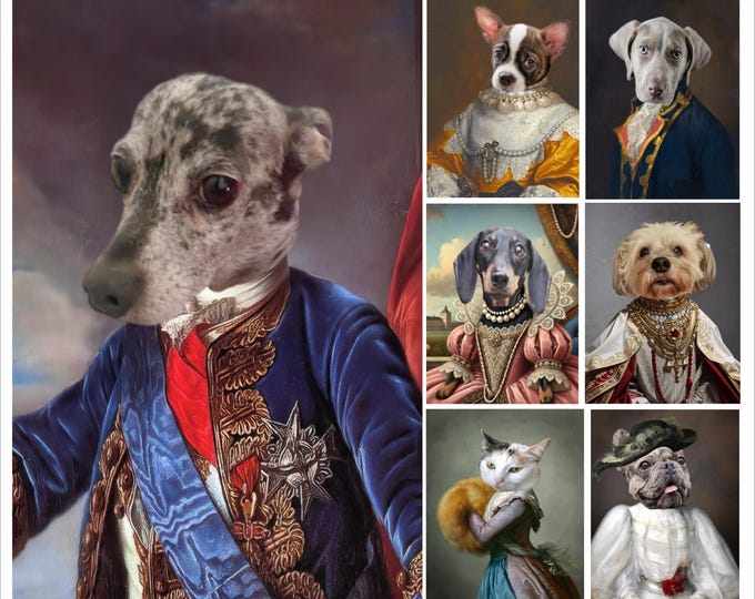 Pet Portrait, Custom Pet Portrait, Pet Portrait Custom, Dog Portrait, Cat Portrait, Regal Royal Animal Canvas Painting Personalize Art Gift