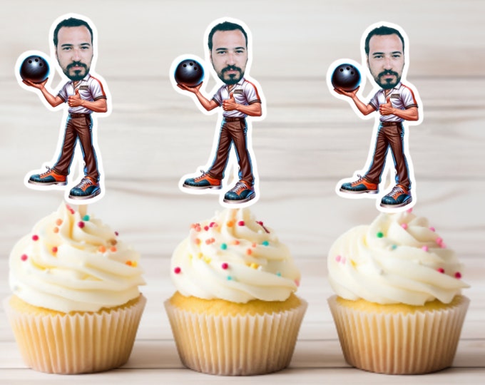 Custom Face Bowler cupcake toppers, Custom Cupcake Toppers Face, Two Fast Birthday, Personalized Cupcake Toppers, Bowling, Bowler Socks