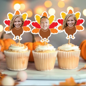 感謝祭のカップケーキトッパー、パーティーデコレーション用、顔付き、PilgrimFunnyTurkeyHat、ケーキデコレーション、Cornucopia、Thankful、カスタムフェイス