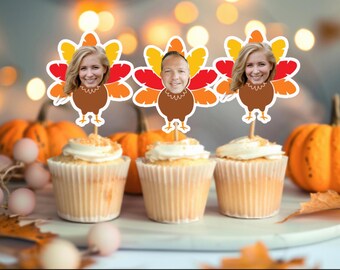 Thanksgiving Cupcake Toppers with Face for Party Decorations PilgrimFunnyTurkeyHatCake Decor, Cornucopia, Thankful, custom face