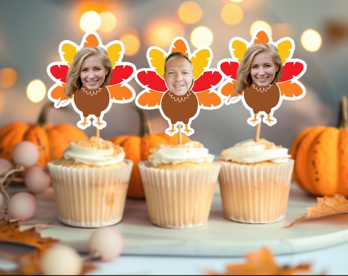 Thanksgiving Cupcake Toppers with Face for Party Decorations , Pilgrim, Funny, Turkey, Hat, Cake Decor, Cornucopia, Thankful, custom face