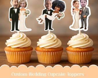 Custom Face Wedding Cupcake Toppers: Bride & Groom Caricature