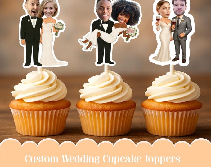 Custom Face Wedding Cupcake Toppers: Bride & Groom Caricature