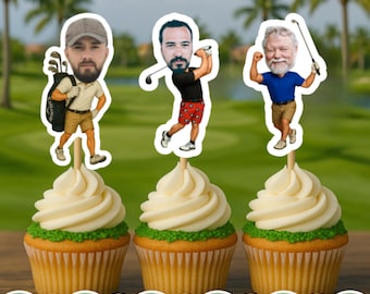 Custom Golf Cupcake Toppers with Face Personalized Golf Party Decorations Funny Golfer Birthday Cake Picks Golf Themed Party