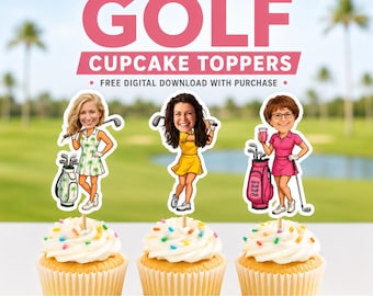 Custom Lady Golfer Cupcake Toppers Face - Personalized Golf Bachelorette Party Decor Ladies Golf Trip Favors Par-Tee Birthday Cake Toppers