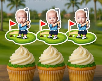 Custom Face Golf Cupcake Toppers, Personalized Golfer Birthday Decorations
