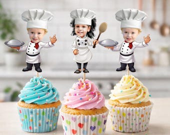 Custom Face Chef Cupcake Toppers Personalized Photo Party Decorations Funny Chef Birthday Favor