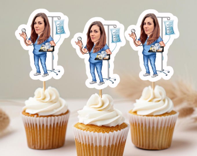 Personalized Nursing School Graduate/Retirement Cupcake Toppers. Graduation Nurse Face Picks, nurse cupcake toppers, nurse, nursing