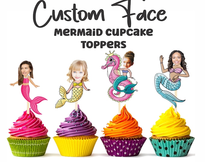 Custom Face Mermaid Cupcake Toppers, Custom Birthday Party Cupcake Toppers, Party Decoration,Mermaid Topper,Cupcake Topper,Custom topper