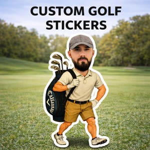 Adesivi da golf personalizzati, adesivo fotografico da golf, adesivo personalizzato con volto da golfista, regalo per gli amanti del golf, decalcomania per carrello da golf, bomboniera per feste di tornei di golf immagine 1