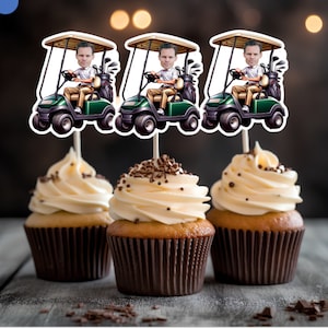 May include: Three cupcakes with white frosting and chocolate sprinkles. Each cupcake has a green golf cart with a cartoon driver. The golf carts are on a white background.