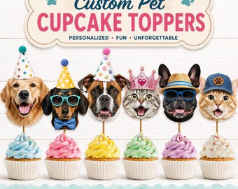Custom Pet Cupcake Toppers, Dog Birthday Cupcake Toppers, Cat Birthday Decorations, Personalized Pet Photo Party Picks