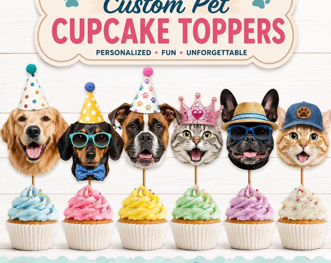 Custom Pet Cupcake Toppers, Dog Birthday Cupcake Toppers, Cat Birthday Decorations, Personalized Pet Photo Party Picks