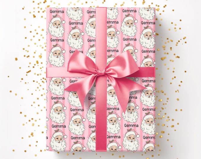 Pink Santa Personalized Christmas Wrapping Paper | Personalized Gifts | Custom Wrapping Paper | Vintage Looking Santa Wrapping Paper