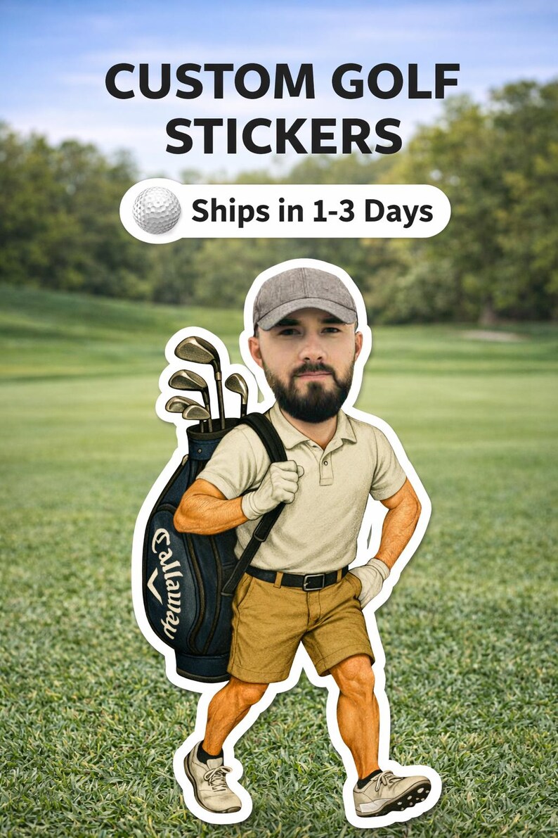Adesivi da golf personalizzati, adesivo fotografico da golf, adesivo personalizzato con volto da golfista, regalo per gli amanti del golf, decalcomania per carrello da golf, bomboniera per feste di tornei di golf immagine 3