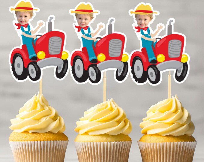 Tractor Farmer Face Custom Photo Cupcake Topper, Personalized Farmer Sticker Cupcake Topper, Farmer Cupcake topper, Tractor Cupcake Topper