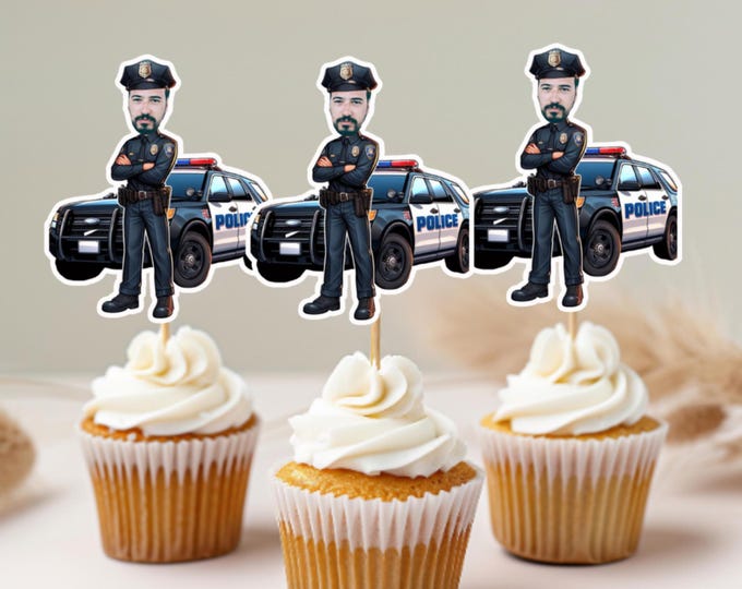 Police Officer Personalized Face Cupcake Toppers, Personalized Police Face Cupcake Toppers - Custom Law Enforcement Party Decorations -