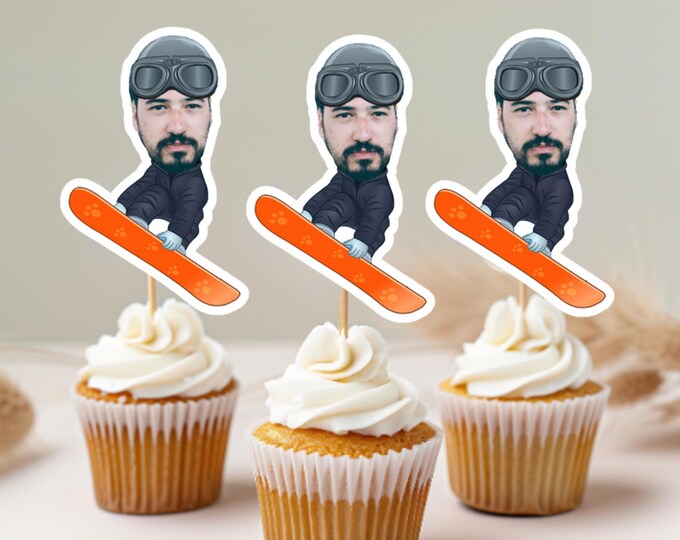 Snowboarder Personalized Face Cupcake Toppers, Winter Snow Birthday, Snowboarding Cupcake Topper, Winter Cupcake Topper, Snow Cupcake Topper